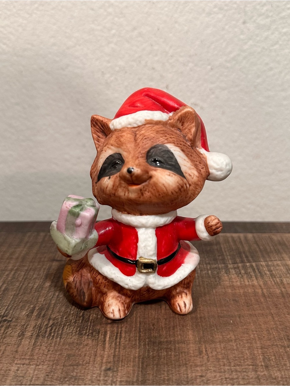Homco Vintage Christmas Raccoon ceramic figure dressed as Santa